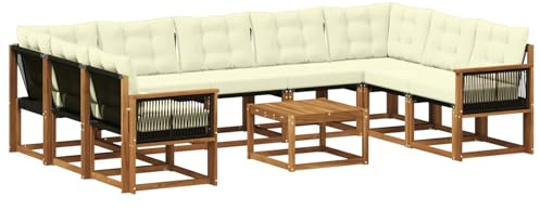 vidaXL Outdoor-Sofagarnitur mit Kissen 10 pcs Natur und Creme, Moderne Gartenmöbel, Akazienholz-Sofa, Textilene-Rücken, strapazierfähige Sitzmöbel, Bequeme Liegeplätze