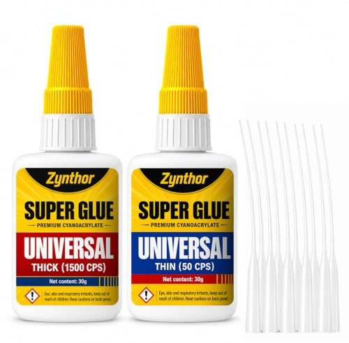 Zynthor Super Glue 60g (2 x 30g), Thin and Thick Clear CA Glue | Extra Strong Instant CA Adhesive with 10 Precision Tips for Shoes, Ceramic, Plastic, Leather, Glass, Metal and Wood