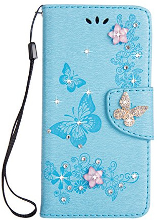 iPhone X Hülle, iPhone 10 Hülle [Kostenloser Glas Displayschutzfolie], mo-Beauty ® Handmade Bling glitzernden Diamanten Gems Butterfly Design Wallet Case, mit Card Holder Slot Schutzhülle blau