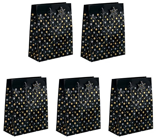 Sigel GT029/5 mittelgroße Papier-Geschenktüten 23 x 17 cm, 5er Set, schwarz/gold/silber, Stardust, Papier-Geschenktaschen Weihnachten