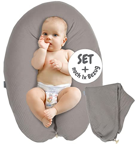 sei Design Stillkissen XXL Set Mikroperlen-Füllung Musselin-Bezug + noch 1 X Stillkissenbezug aus Bio Baumwolle, ergonomisches Schwangerschaftskissen Seitenschläferkissen Babynestchen
