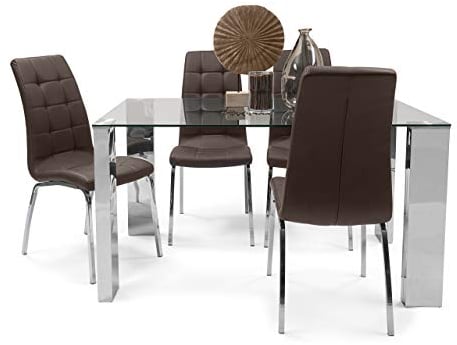 Homely | Conjunto Comedor Karina II | Mesa Cristal + 4 sillas Polipiel | Mesa Cristal y Acero Pulido | sillas Acolchadas | Patas Acero Cromado | Medidas Mesa 140x90 cm | Color PP Chocolate
