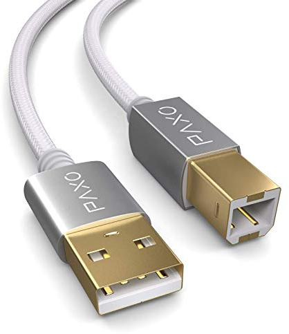 PAXO Cable de Nylon de 3m para Impresora USB A a B - Cable de Carga y Datos Con Enchufe Dorado - Blanco