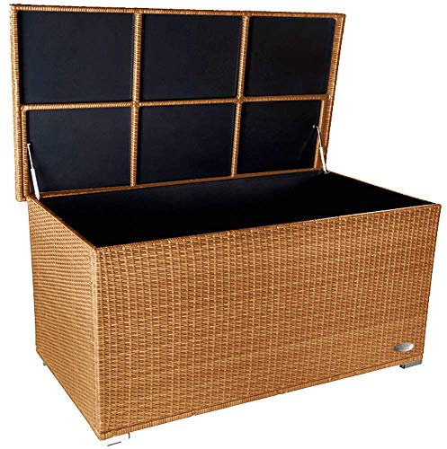 RS Trade® exclusive 'Venezia' 950 L Polyrattan Garten Kissenbox wetterfest und wasserdicht 146 x 83 x 80 cm, Auflagenbox mit verstärktem Deckel und Gasdruckfedern, auch als Tischplatte geeignet; natur
