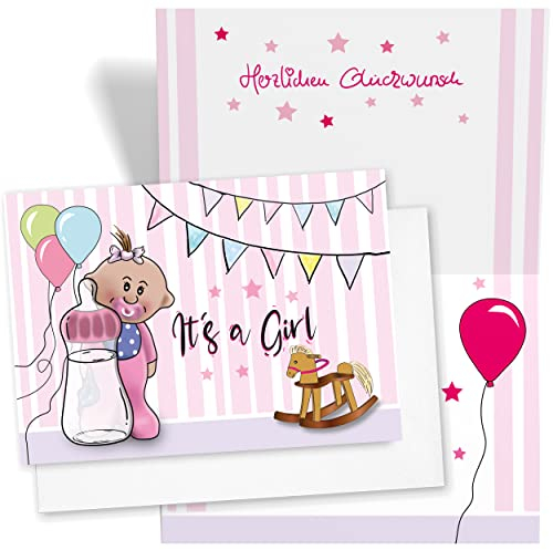 Karte zur Geburt Glückwunschkarte Mädchen - Baby Grusskarte Maedchen als Geschenk Karten | Rosa Glueckwunschkarte für Babyparty | Glueckwunsch Geburtskarte Babykarte - By derdesignshop