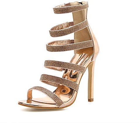 Sandali A Stiletto Estivi da Donna, Tacchi Alti di Strass Romani in Pelle Dorata Sandalo Stivaletto Punta Aperta Scarpe Sandali Gladiatore con Cerniera,d'oro,36EU
