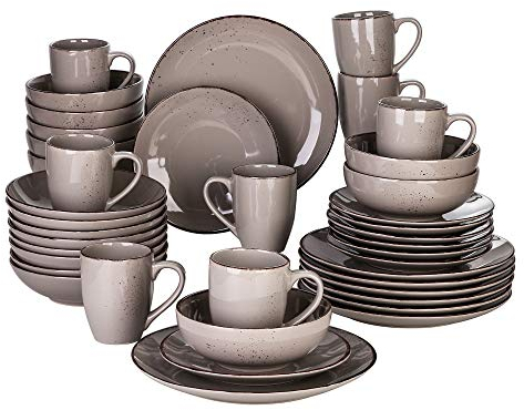vancasso serie Navia Jardin Vajillas de 40 piezas Stoneware Vajillas Completas Gres Esmaltada servicio mesa para 8 personas con Tazas Cuencos, Platos Llanos y Hondos, Platos de Postre, Gris