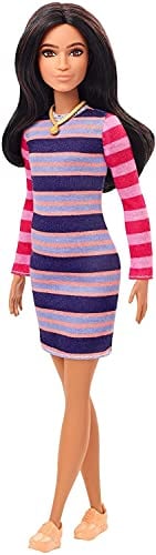 Barbie Fashionistas poupée Mannequin #147 aux Longs Cheveux Bruns et avec Une Robe à Rayures, Jouet pour Enfant, GYB02