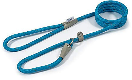 Ancol Viva Reflective Rope and Leather Slip Dog Lead - Blue - Lightweight Weatherproof Durable Puppy Training Accessory - 1.2m x 12mm