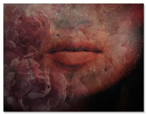 wandmotiv24 Leinwandbild Frauen-Lippen, Querformat, Lippen, Blumen, Beton M0356