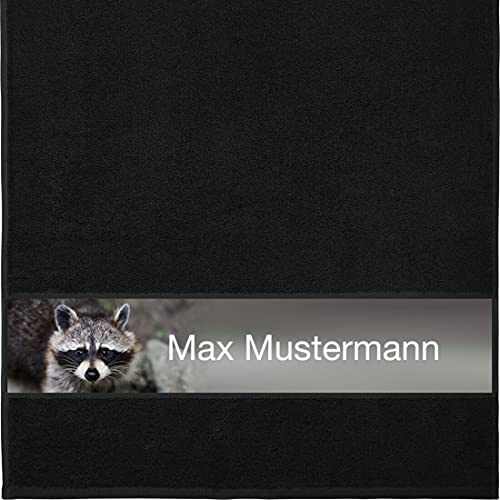 Manutextur Handtuch mit Namen - personalisiert - Motiv Waschbär - Dusch-Handtuch - schwarz - Größe 50x100 cm - persönliches Geschenk mit Wunsch-Motiv und Wunsch-Name