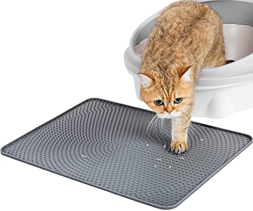 PETTOM Katzenklo Matte Silikon, Katzenstreu Matte 53 x 38 cm, Katzenmatte Katzenklo Wasserdicht Rutschfest, Matte Katzenklo Unterleger Grau