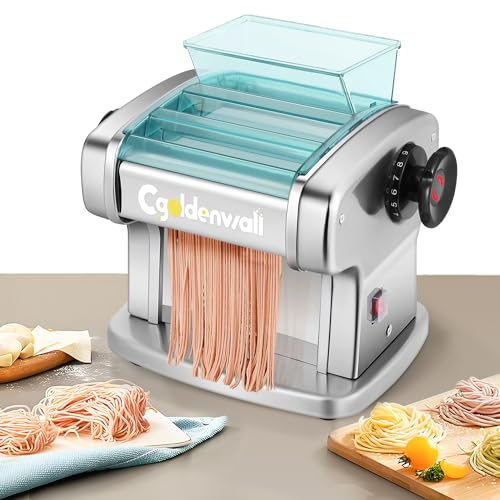 CGOLDENWALL Fresca Macchina per Pasta Elettrica Tagliatelle Macchine in Acciaio Inox con 2 Lame (2.5mm fine, 4mm Piatte), 9 Gradi di Spessore Regolabili per Spaghetti, Lasagne, Tagliolini e Ravioli