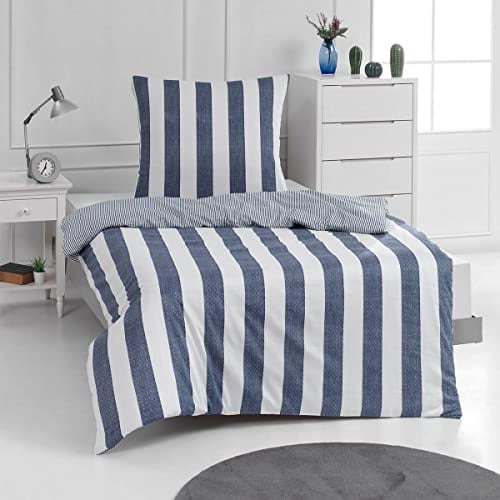 Traumschlaf Mako-Satin Bettwäsche Usedom • Blau-weiß gestreift im maritimen Look • 100 % Baumwolle • Hautsympathisch & temperaturausgleichend • 1 Bettbezug 200 x 220 cm + 2 Kissenbezüge 80 x 80 cm