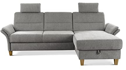 CAVADORE Ecksofa Wyk mit Federkern / Schlafsofa im Landhaus-Stil mit Longchair, Bett, Bettkasten, Armteilfunktion + 2 Kopfstützen / 252 x 90 x 162 / Chenille, Hellgrau