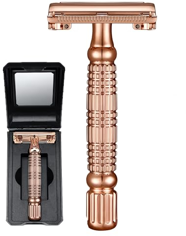 BAILI Butterfly Double Edge Safety Razor Rust-proof Reusable Manual Wet Shaving for Men Women with Mirrored Travel Case Rose Gold BD177C