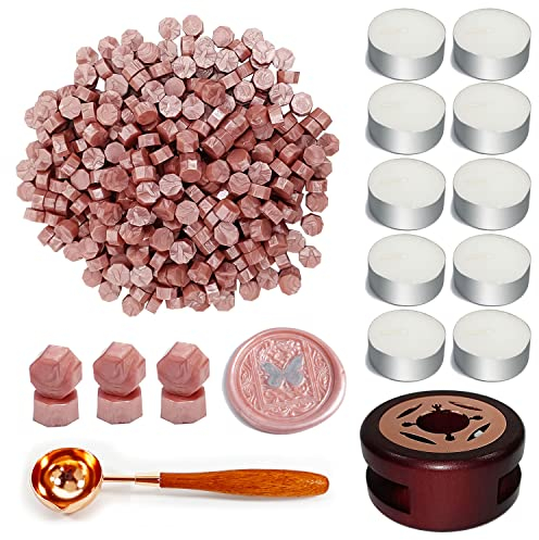 Wachssiegelperlen-Set, Vosypoky 372-teiliges Siegelwachsperlen-Set mit 360 roségoldenen Wachssiegelperlen, Wachsstempelwärmer, Schmelzlöffel, 10 Kerzen, Wachssiegel-Set zum Versiegeln