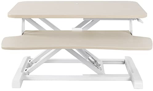 VIVO 66cm Desk Converter, K Series, Height Adjustable Sit to Stand Riser, Dual Monitor and Laptop Workstation with Keyboard Tray, Light Wood Top, White Frame, DESK-V026KF