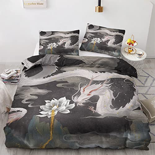 YIKODA Drachen Bettwäsche 155x220 Sommer - Lotus Bettbezug 155x220 3 Teilig Set mit 2 Kissenbezug 80x80 cm, Weich Mikrofaser Bettwäsche-Sets mit Reißverschluss