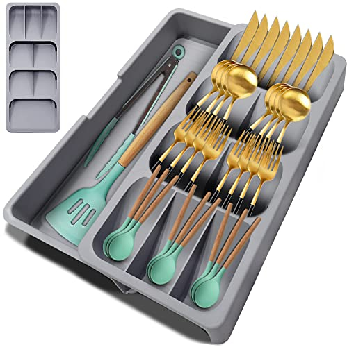 [Upgraded] Cutlery Tray Drawer Organiser, Compact Space-Saving Expandable Flatware Silverware Organiser, 9 compartments, Cutlery Storage for Kitchen Utensils Spoons Forks Knife, holds 30+ pieces, Grey