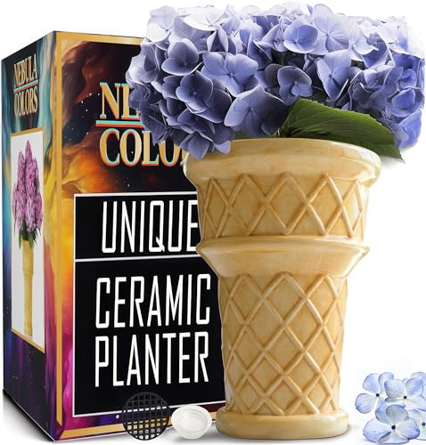 Nebula Colors Maceta de cerámica con Cono de Helado, Maceta de 7 Pulgadas con Agujero de Drenaje para Uso en Interiores y Exteriores para Amantes de Las Plantas, Ideal para suculentas y Plantas