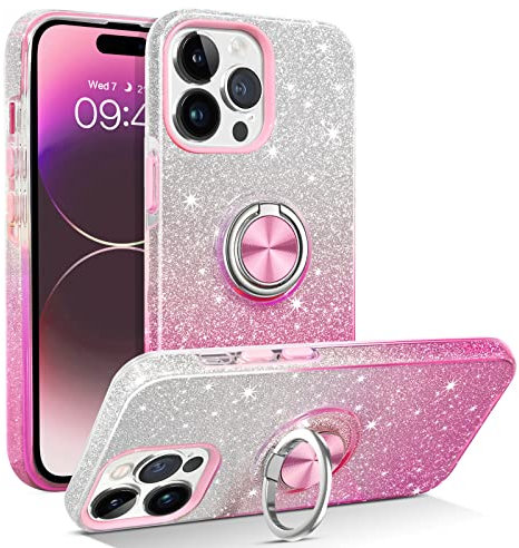 YINLAI for iPhone 14 Pro Max Case Bling Glitter Sparkle for Girls Women with Ring Holder Kickstand Protective Phone Case for iPhone 14 Pro Max 6.7 Inch, Pink Gradient