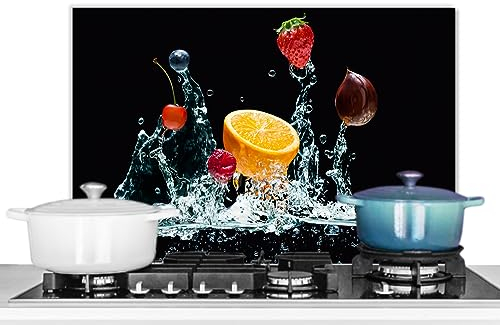 KitchenYeah© Pannello Paraschizzi da Cucina Alluminio 70x50 cm Alzatina Top Decorazioni Pannelli Paraspruzzi Acqua - Frutta - Arancia - Fragola - Ciliegia - Nero