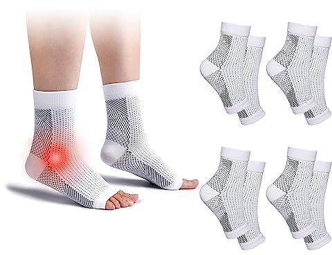 cheap4uk 4 Paar Kompressionssocken Damen Herren Sprunggelenkbandage Kompressionsstrümpfe Knöchelbandage Fußbandage für Plantarfasziitis Arthritis Verstauchte Knöchel Fersensporn Sport (Weiß, 43-46)