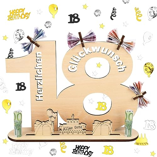 ERBO Holzschild Gästebuch, 18 Geburtstag Deko Konfetti Frau Mann, Gästebuch mit Ständer und 5 Holzpentagramme, Geldgeschenke Geburtstag, Geburtstagskarte, Geschenke Schild 18 Jahre Hochzeitstag