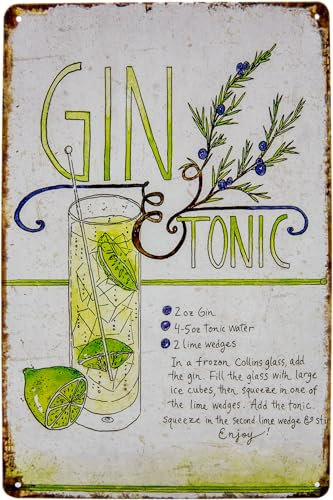 LUCKYLINDE – 30 x 20 cm Blechschild – Bar, Restaurant, Pub, Partykellder Deko Schild, Cocktail Übersicht Tafel - Gin Tonic (grau)