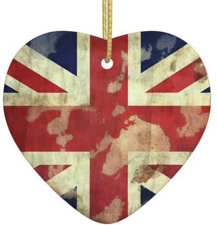 Vintage Union Jack British Flag Christmas Ornaments Ceramic Ornament Heart Ornament for Christmas Tree Heart Ceramic Hanging for Xmas Tree Christmas Hanging Decorations for Outdoor Indoor
