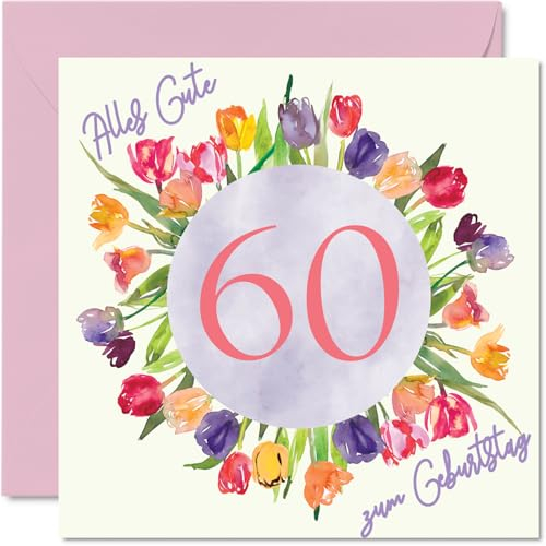 60. Geburtstagskarte für Frauen - Aquarell Tulpen Blumen Strauß - Alles Gute zum Geburtstagskarten für 60 Jährige Frau Mama Oma Tante, 145mm Sechzig Sechzigster Geburtstag Grußkarten