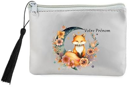 Porte Monnaie Gris Motif Renard Fox et Lune Personnalisable