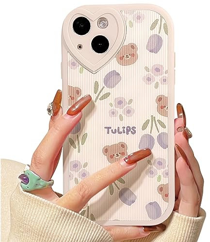 NITITOP Compatible for iPhone 15 Case Cute Bear Flower Floral with Love Lens Bumper Protector for Girls Women Soft TPU Shockproof Protective Girly - Bear Flower