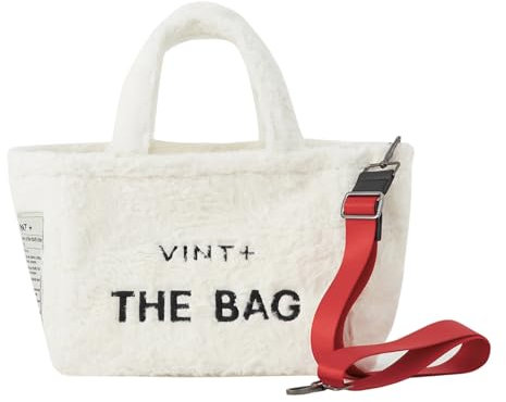 VINT+ Fluffy Bag Damen Handtasche – Teddy Shopper Tasche mit Reißverschluss und wählbarem Tragegurt – Flauschige Felltasche ideal für Arbeit, Uni oder Reise | Innenfutter Wasserabweisend | Weiß
