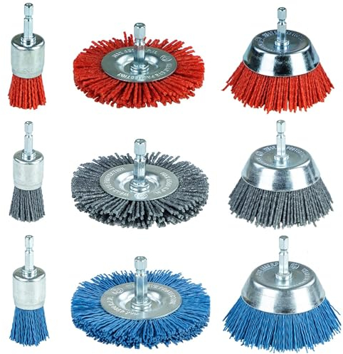 Lot de 9 brosses en fil de nylon avec tige hexagonale 1/4 (6 mm), 3 tailles de brosses de forage en nylon pour enlever la rouille et la corrosion