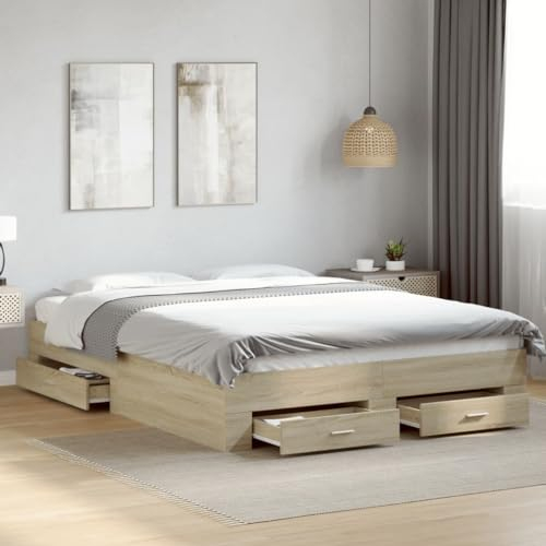Faroom Cama con espacio de almacenamiento, 150 x 200 cm, cama individual con cajones, cama de madera, cama infantil, cama juvenil, con somier, roble sonoma