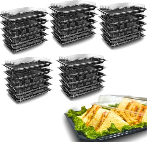 Zumart Pack of 25 Sandwich Platter Trays with lids - Reusable Plastic Catering Trays with Lids for Meal Prep, Cakes, Treats and Sandwiches (33.5cm x 24cm x 6cm).