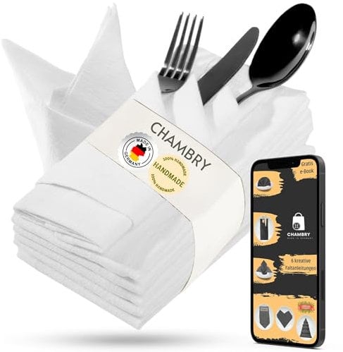 chambry 6 Stoffservietten 100% Leinen Stonewashed - 40cm x 40cm Farbe wählbar - inkl. Faltanleitung als E-Book - Handarbeit Made in Germany - wiederverwendbar, elegant und nachhaltig - Weiß