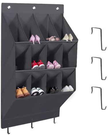 RANJIMA Étagère à chaussures suspendue pour armoire, rangement de chaussures à suspendre avec 12 grandes poches, étroites sur la porte, organisateur de chaussures avec 6 crochets, peu encombrant,