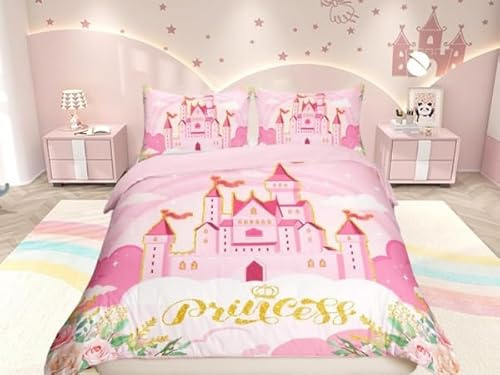 Prinzessinnen-Bettbezug für Einzelbett, rosa Schloss, verträumte Blumen, Bettdeckenbezug für Erwachsene, Kinder, Schlafzimmer, Dekoration, Märchenmotiv für Mädchen, bequemes Bettwäsche-Set, 1