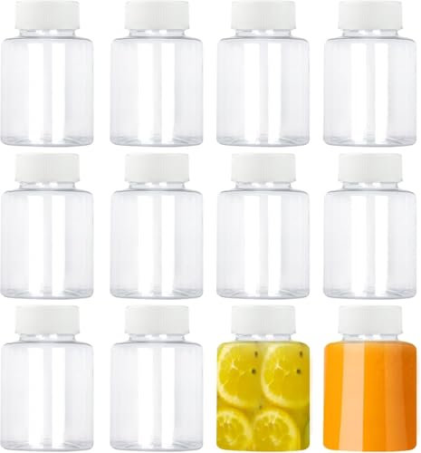 ChAusa 12 Pcs 3.5oz/100ml Plastic ClearJuice Bottles with Screw Lids Reusable Small Juice Bottles for Storing Juices Water and Other Homemade Beverages(White Lids)