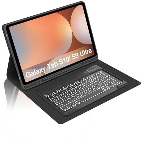 Occtingkind Hülle mit 7-Farben-Beleuchtung QWERTZ Tastatur für Samsung Galaxy Tab S10 Ultra (2024) & S9 Ultra (2023) 14,6 Zoll, kein Touchpad, mit Unterem Stifthalter, Bluetooth 5.0, Tiefblau