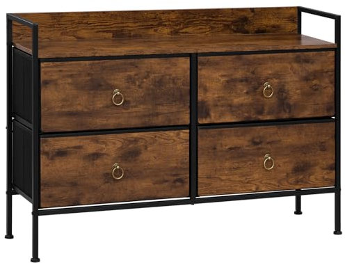 WOLTU Kommode mit Schubladen, Schrank mit 4 Stoffschubladen, Aufbewahrungsschrank Sideboard für Schlafzimmer Wohnzimmer Flur, Metallrahmen, Industrial Stil, Rustikales Braun Schwarz, SSK018vbn