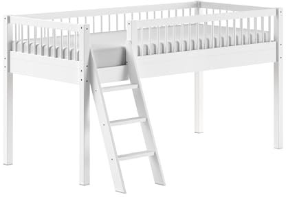 möbelando Hochbett >Buche Massiv< halbhohes Bett mit Liegefläche 90 x 200 cm, inkl. Lattenrost, AUSF. Buche massiv weiß lackiert, Stellfläche halbh. Bett ca. B: 207,5 x H: 114 x T: 135,5 cm.