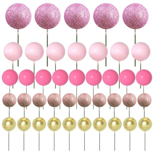 Satiskid 50 Pcs Foam Balls Cake Topper Mini Balloon Cupcake Toppers Glitter Balloon Cake Inset Decoration Ball Cake Topper Sticks for Wedding Baby Shower Birthday Party Supplies (Rose Red Series)