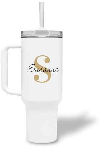 Thermobecher personalisiert Initialen und Name Anfangsbuchtabe mit Namen - Trinkbecher mit Deckel und Strohhalm 1,2 l / 40 oz - personalisiertes Geschenk zum Geburtstag oder Weihnachten