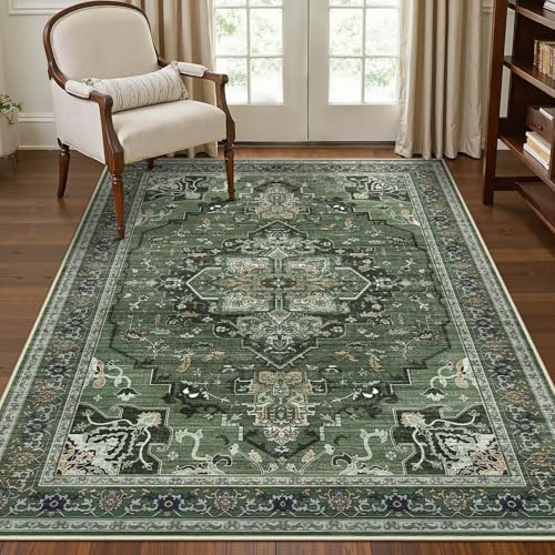 GENIMO Orientalisch Vintage Teppich Dunkelgrün Waschbar 120x170 cm | Ornamentales Vintage-Medaillon in Dunkelgrün, waschbar, pflegeleicht und rutschhemmend – für Wohn- und Schlafzimmer.
