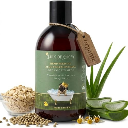 Bio Hundeshampoo Sensitiv mit Hanföl, Aloe Vera und Hafer, 300 ml | Tails of Glory: veganes Dog Shampoo ohne Sulfate gegen Geruch und Juckreiz bei empfindlicher Haut.
