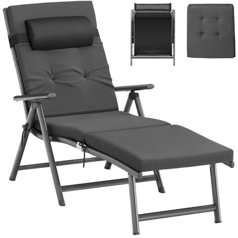 SONGMICS Lettino Prendisole, Pieghevole, Sedia a Sdraio con Materassino da 6 cm, Poggiatesta Rimovibile, Traspirante, Schienale Regolabile, Portata Fino a 150 kg, Grigio Ardesia GCB024GZ02